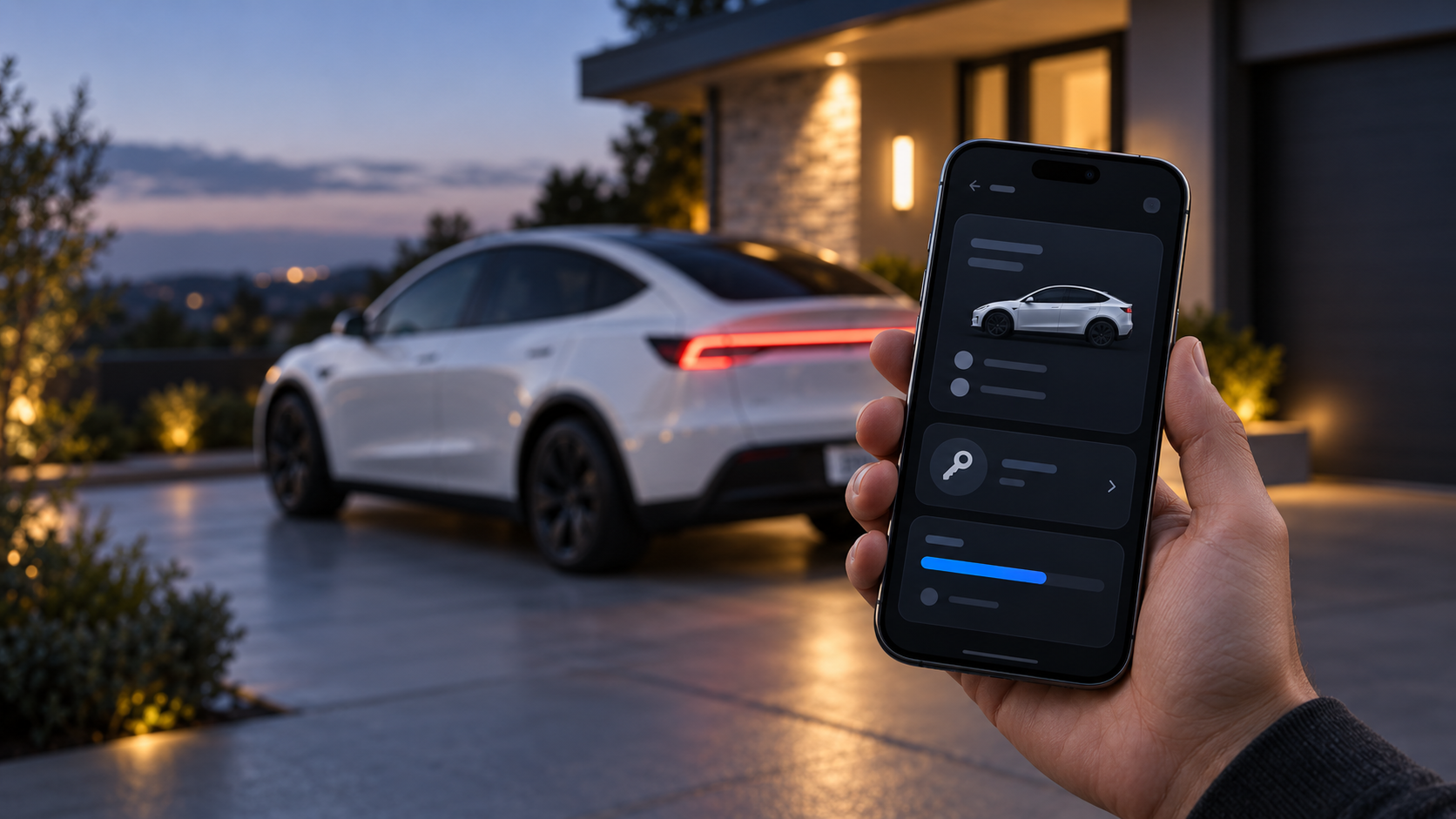 Tesla Model Y parked in a driveway with a lease agreement and phone showing the Tesla app referral screen