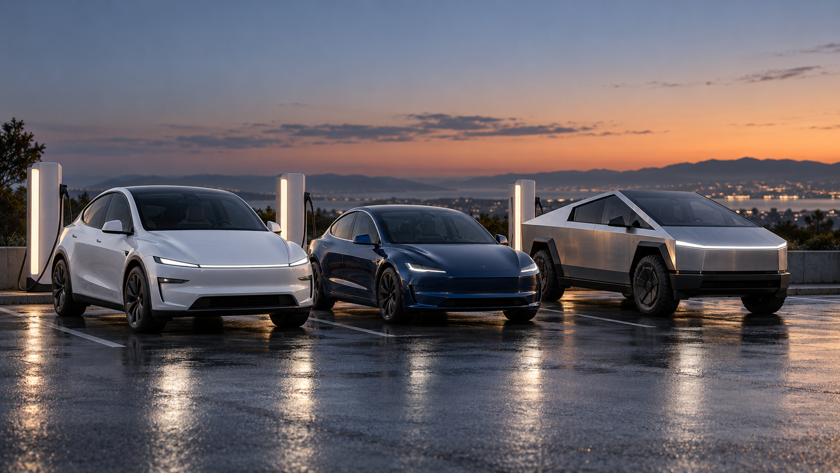 Tesla Model Y, Model 3 and Cybertruck lined up side by side with a referral benefit comparison overlay