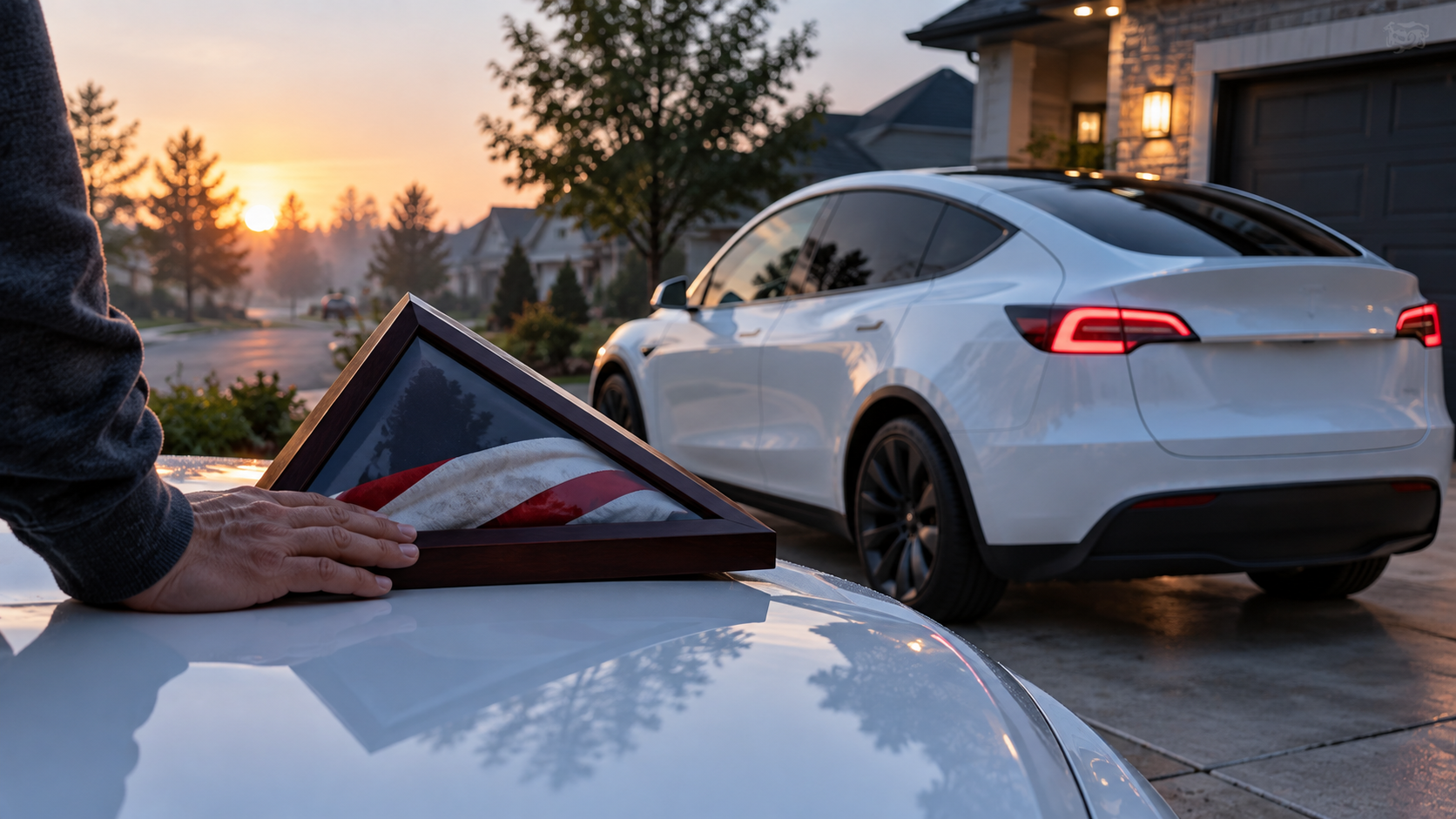 Tesla Model Y beside a folded flag and dog tags representing the Tesla military and veteran discount
