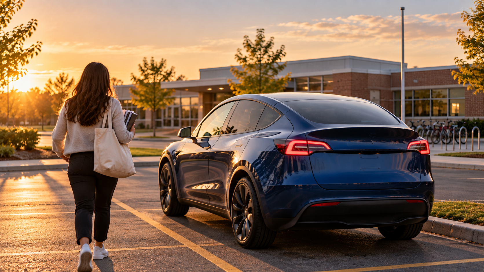 Teacher standing next to a new Tesla Model Y outside a school