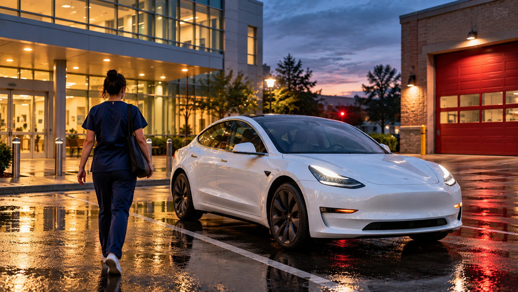 Tesla Model 3 with a nurse, firefighter and police officer silhouette representing the Tesla first responder and healthcare discount