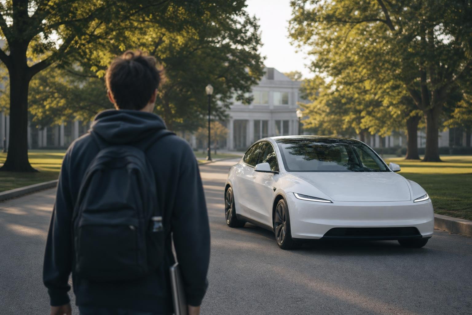College student beside a new white Tesla Model 3 on a campus road